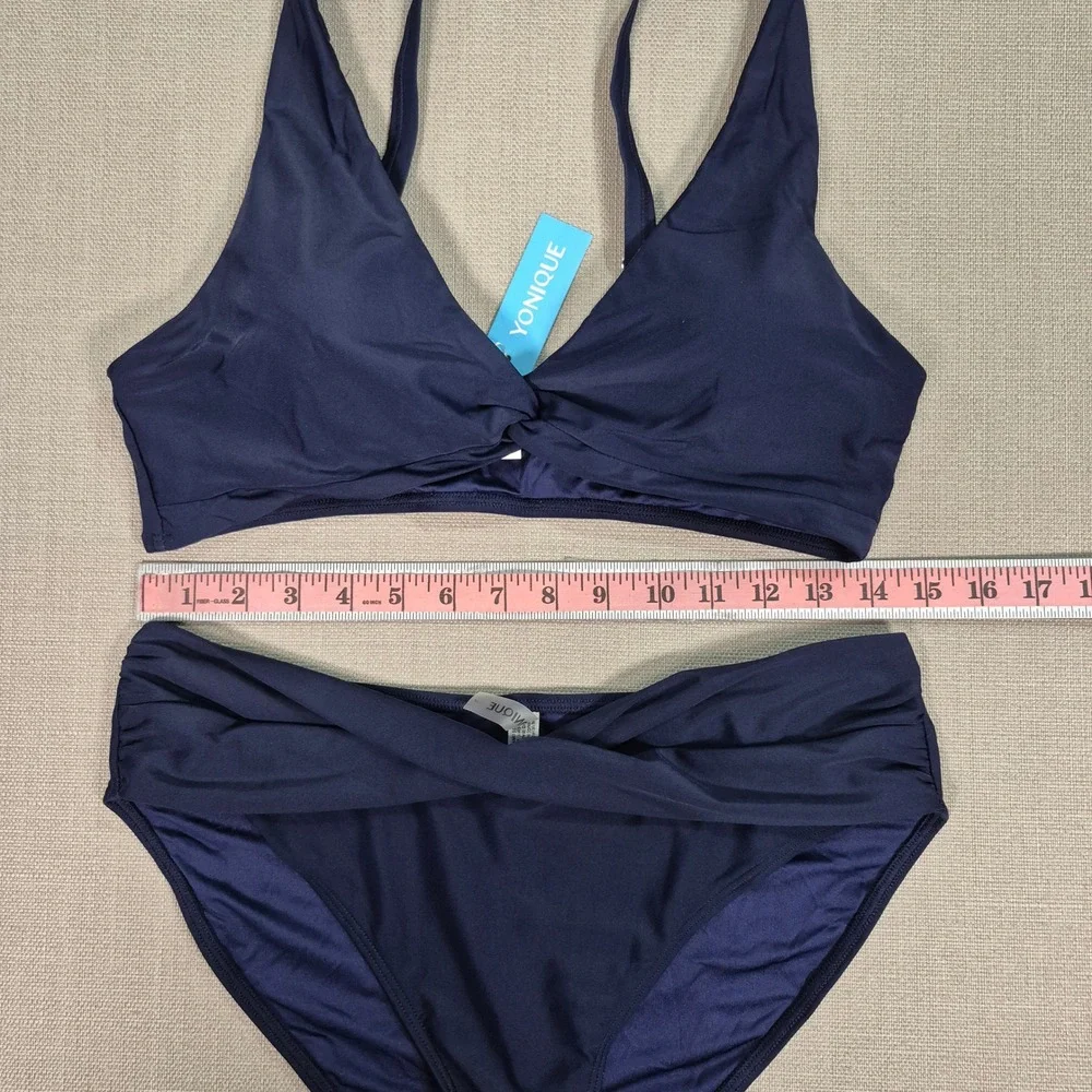 Yonique Women Navy Blue Twist Front High Waisted Bikini Set Two Piece Swimsuit L